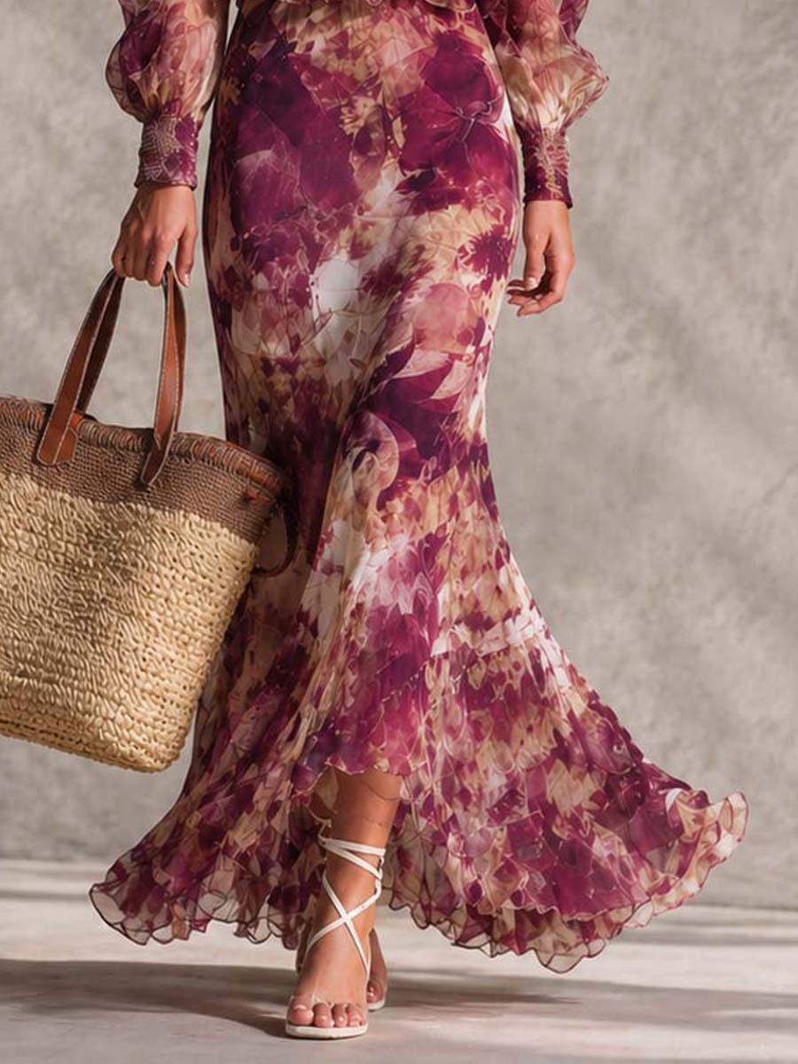 Robe Maxi en Mousseline Rose Épaules Dénudées à Fleurs