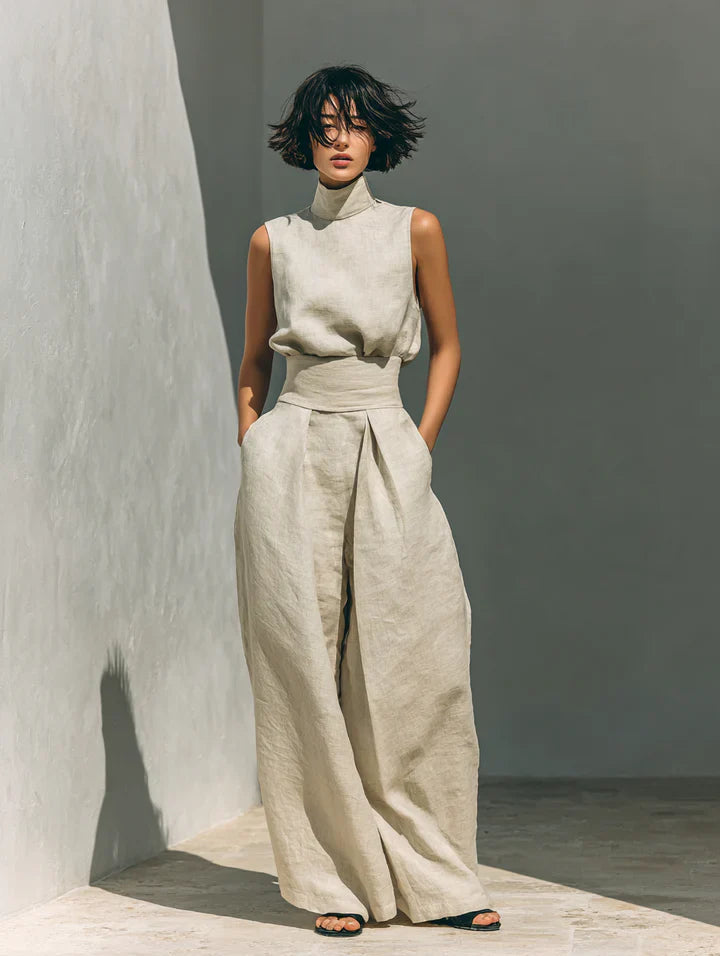 Flor| Ensemble Minimaliste Composé d'un Chemisier Sans Manches et d'un Pantalon Large en Coton et lin Pour Femme