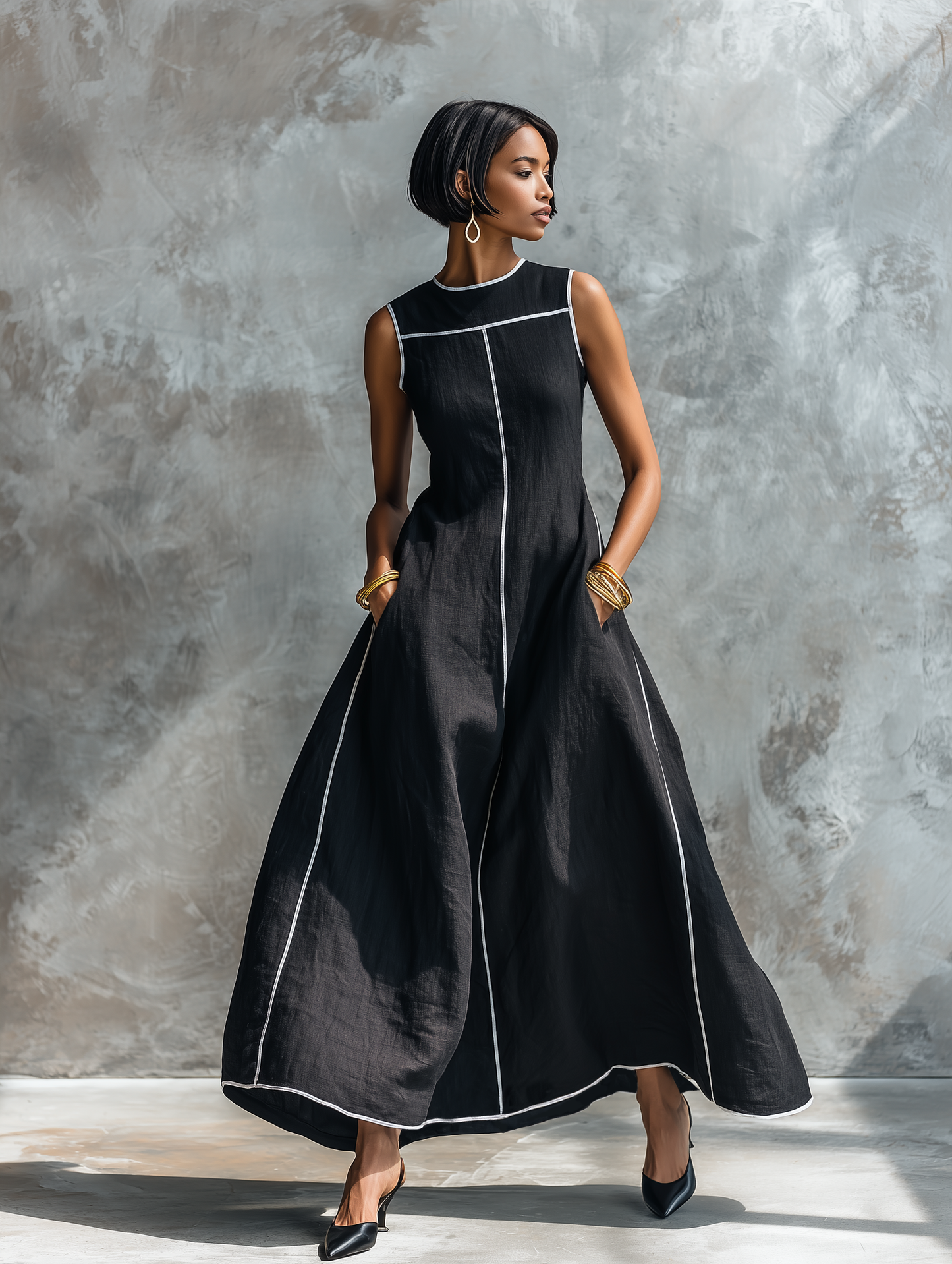 Robe Maxi Sans Manches en Lin Mélangé Minimaliste avec Liseré Contrastant et Col Rond Femme MDZ1516E0Y