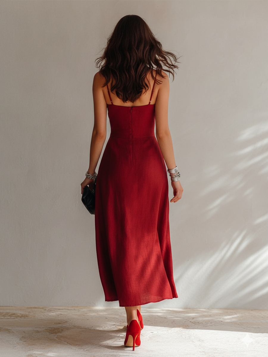Robe Midi Femme Mélangé Minimaliste Froncée à Bretelles Spaghetti
