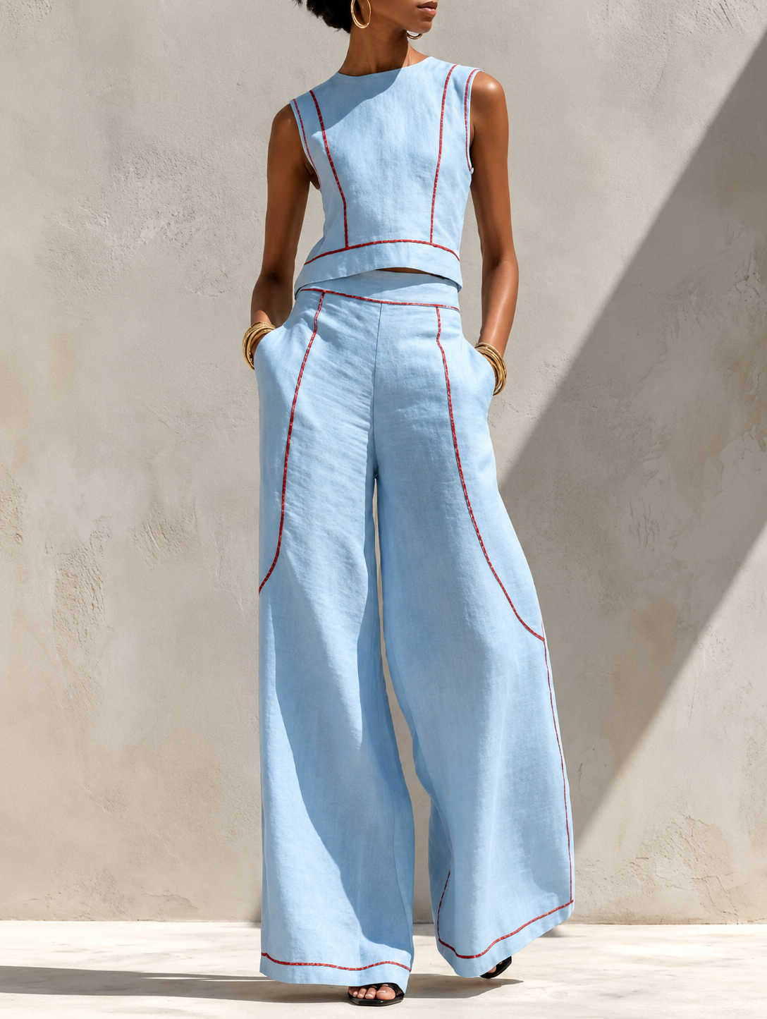 Set aus Bluse und weiter Hose im minimalistischen Mix-Stil mit Kontrastnähten für Damen