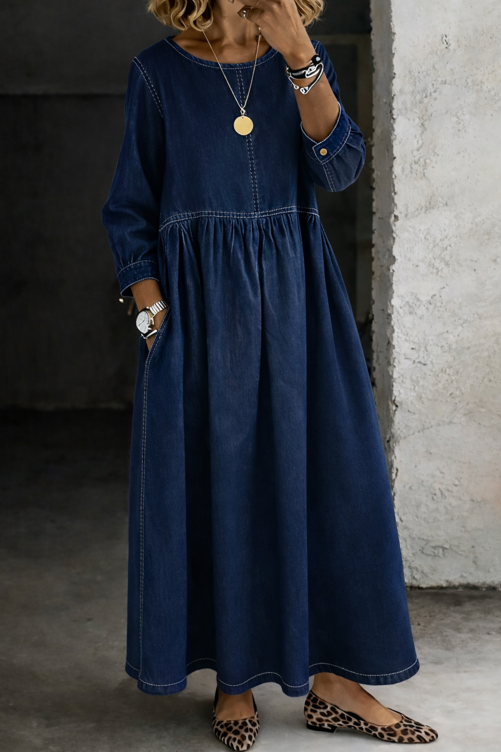 Melissa | Robe en Denim à Manches Longues et Col Rond