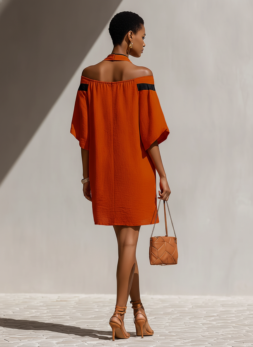 Robe Mini Femme Orange À Épaules Dénudées avec Détail Nœud Noir au Col