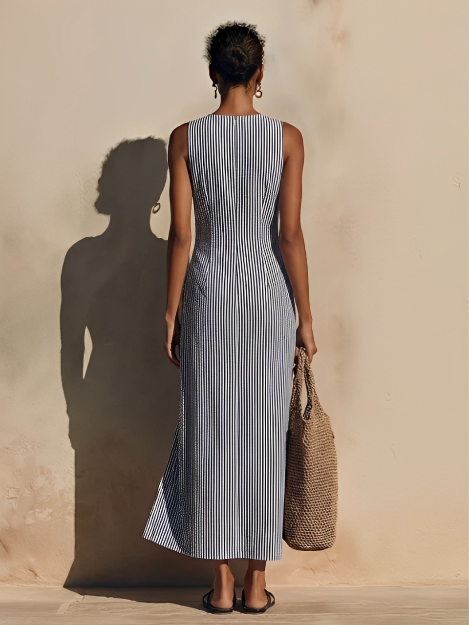 Robe Maxi Rayée Bleu-Blanc en Mélange de Coton, Style Blazer & Double Boutonnage, Look Nautique Intemporel