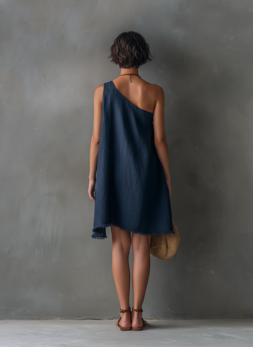 Robe Mini Femme Minimaliste à Une Épaule Sans Manches avec Ourlet Effiloché MDZ2597E0Y