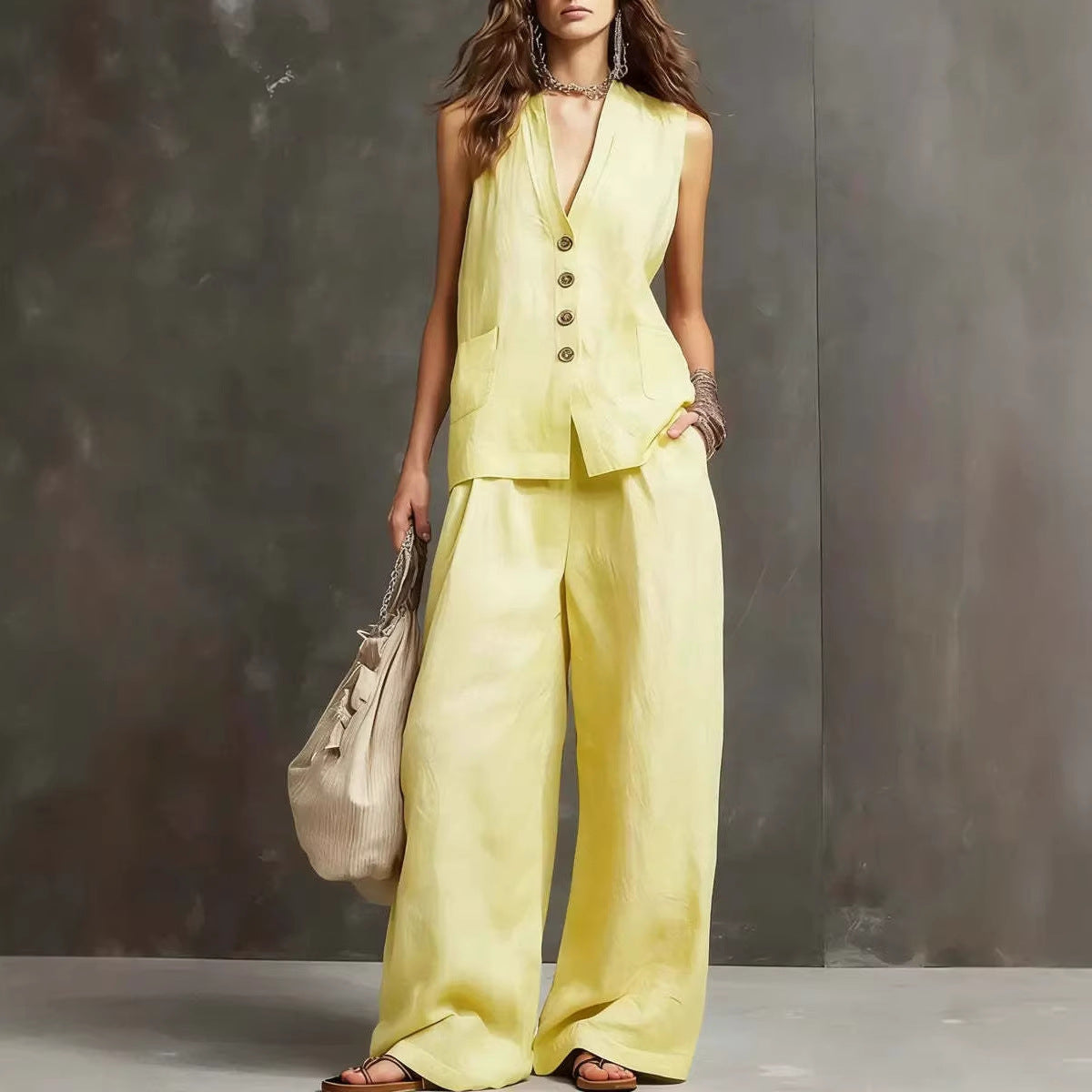 Ensemble Deux Pièces avec Gilet Sans Manches et Pantalon Large
