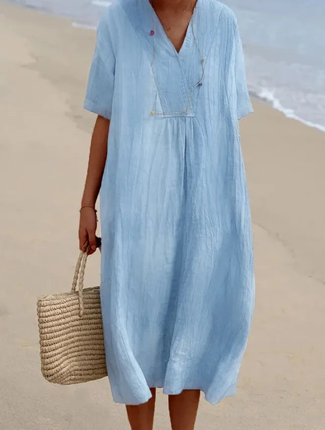 Sandra | Robe Décontractée en Lin à Col en V