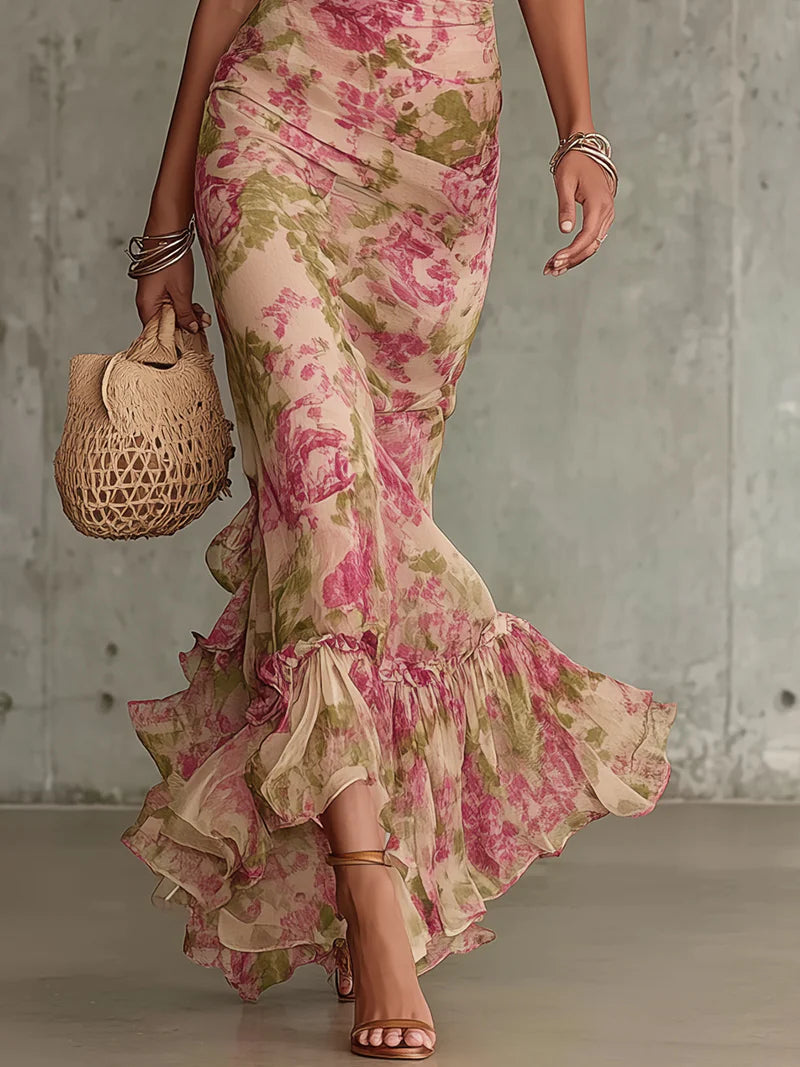 Rosalie | Robe Longue Imprimée Rose Vintage