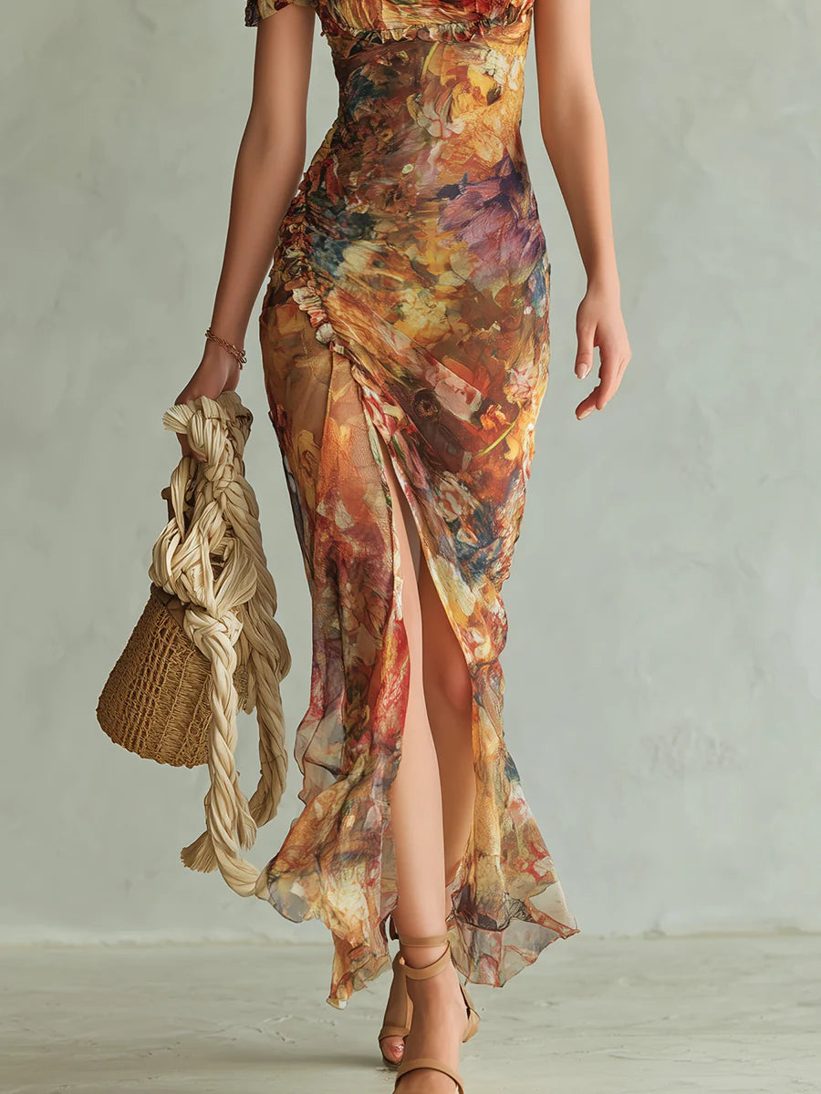 Robe Maxi en Mousseline Orange Bohème à Imprimé Peinture à l'Huile Style Vacances