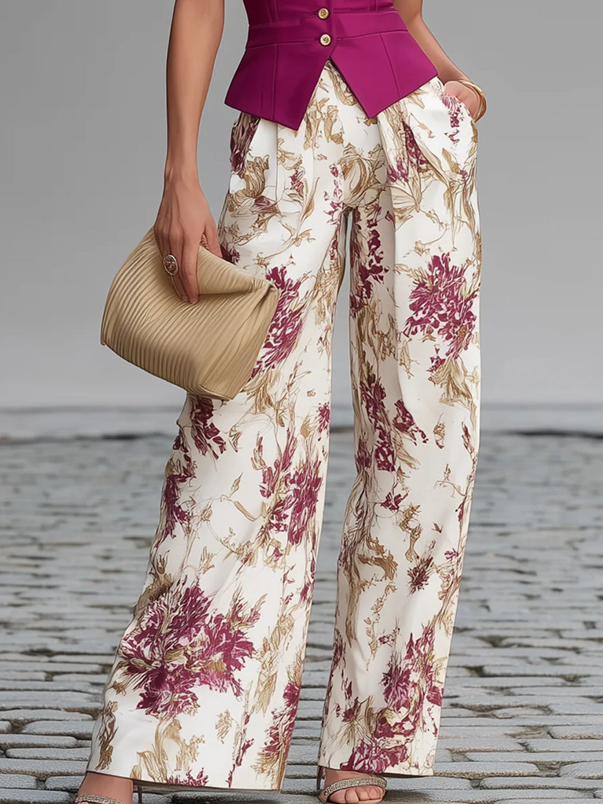 Ensemble Gilet Sans Manches Rose et Pantalon Large à Imprimé Floral