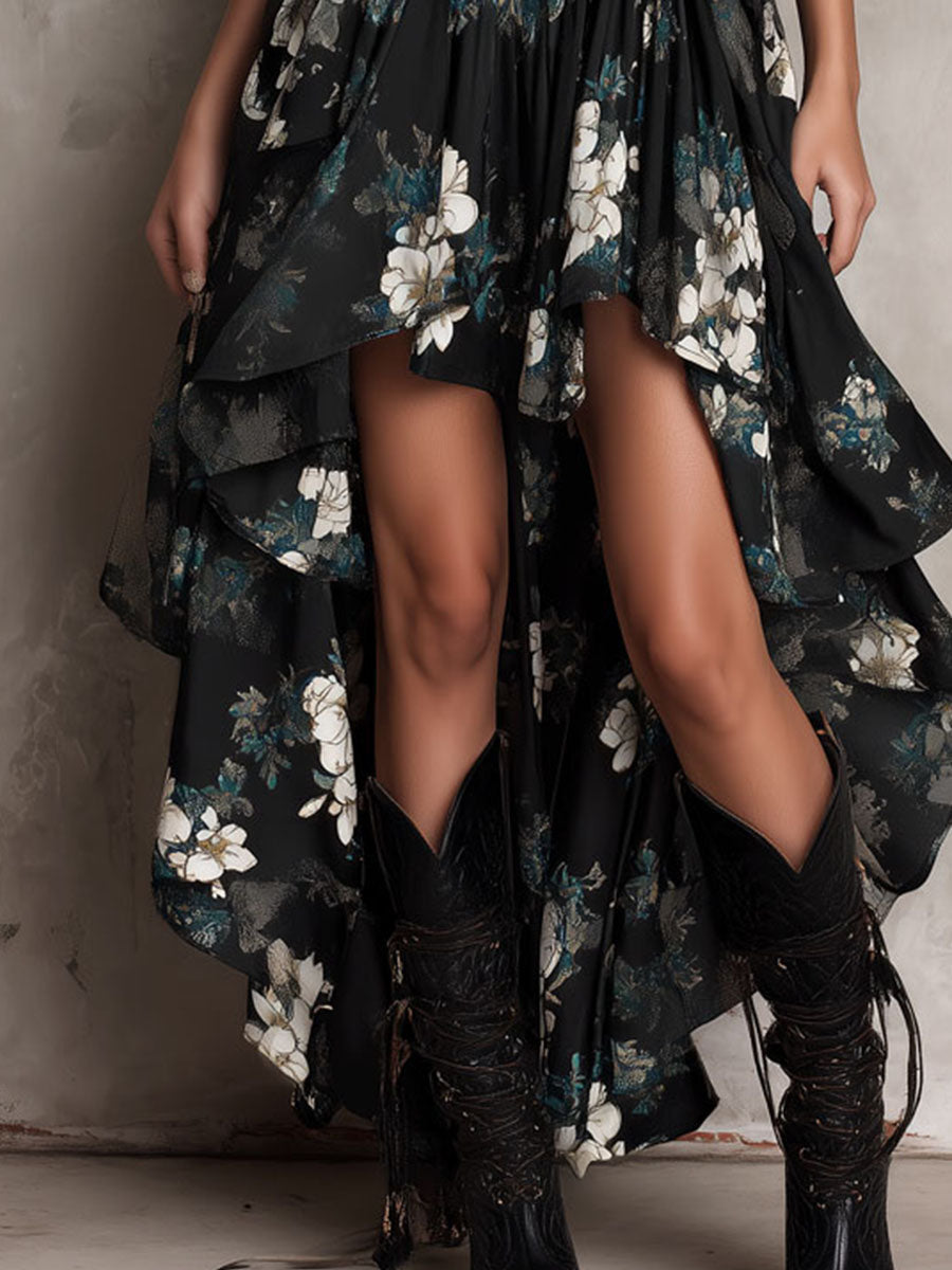 Robe Maxi Noire Bohème à Imprimé Floral Irrégulière Sans Bretelles