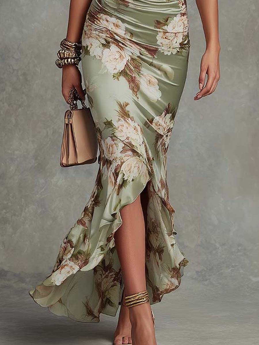 Robe Maxi en Satin Vert à Fleurs Col V Manches Cloche Volantées Coupe Asymétrique