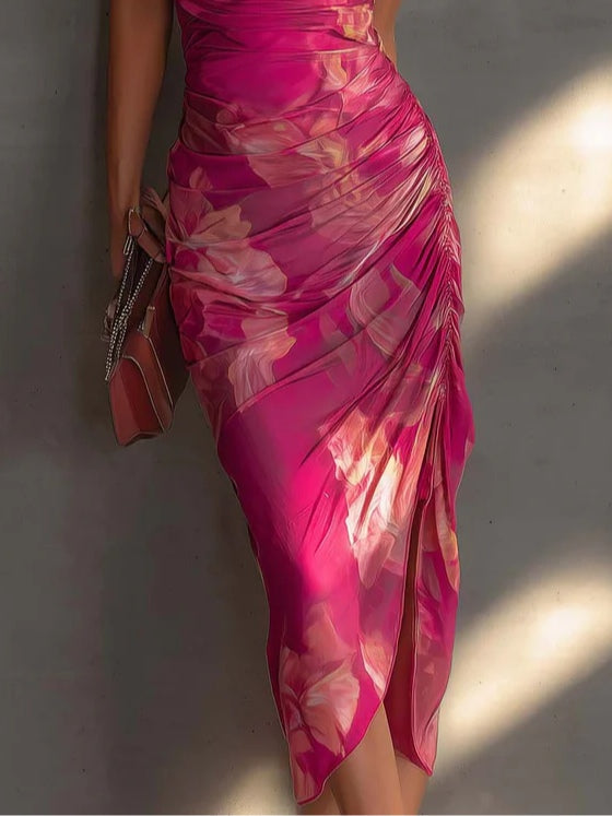 Robe Bodycon Fuchsia à Imprimé Floral Sans Manches Froncée avec Fente Latérale