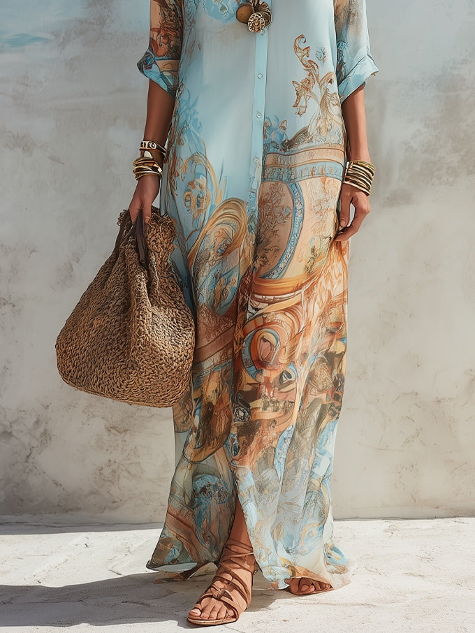 Robe Maxi Chemise Bleue à Imprimé Floral Style Vacances