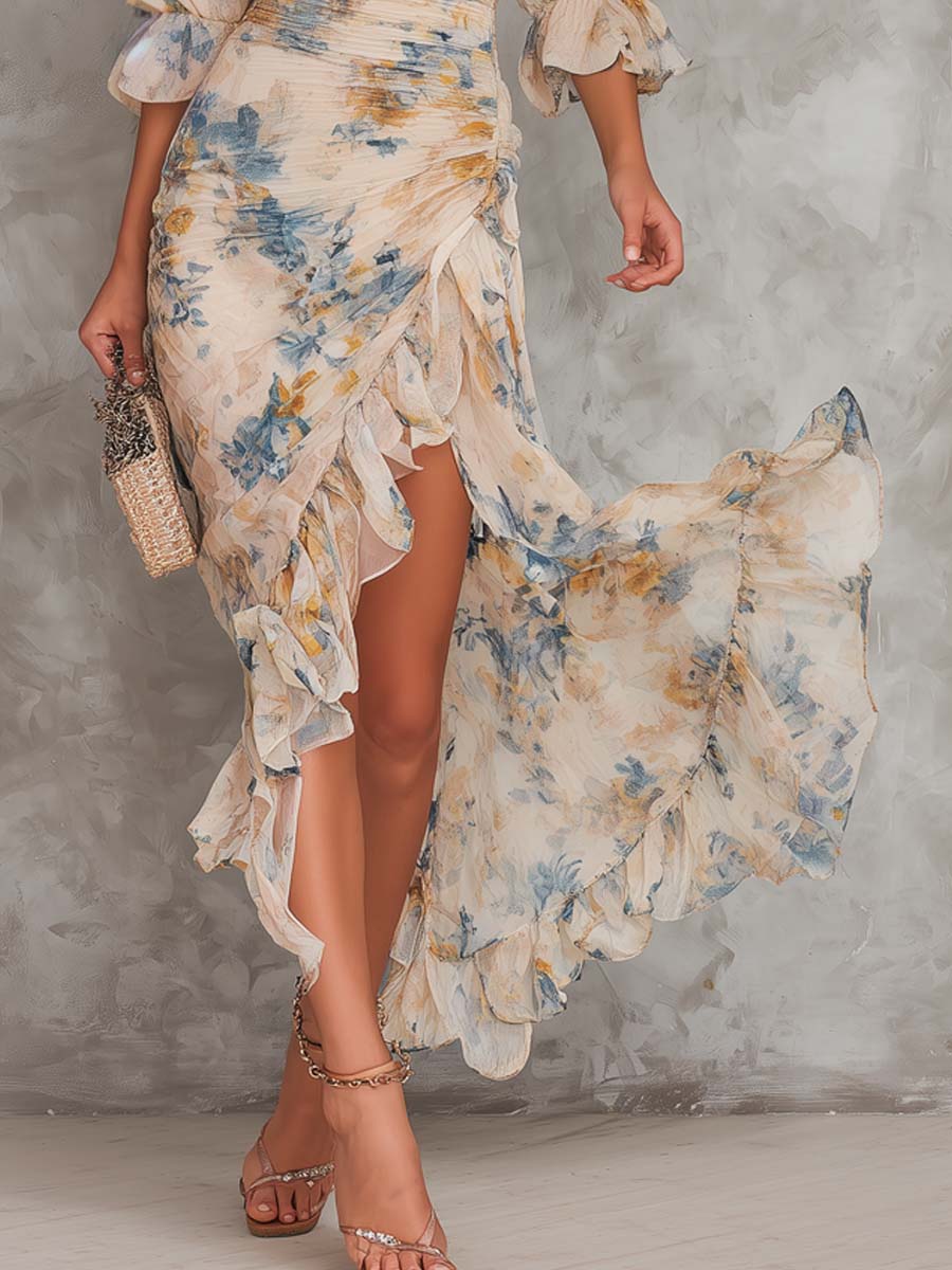 Robe Maxi en Mousseline Beige Col Roulé à Imprimé Floral Peinture à l'Huile Coupe Irrégulière