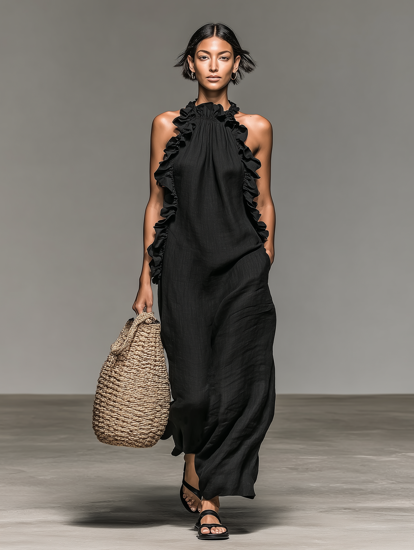 Robe Maxi Sans Manches en Lin Mélangé Minimaliste avec Détails Volantés Femme MDZ1622A0Y