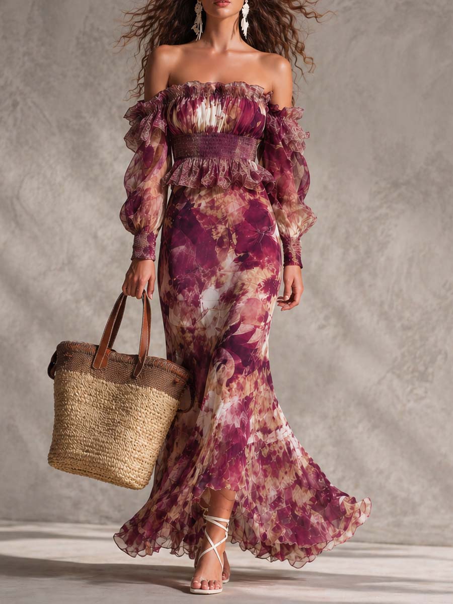 Robe Maxi en Mousseline Rose Épaules Dénudées à Fleurs