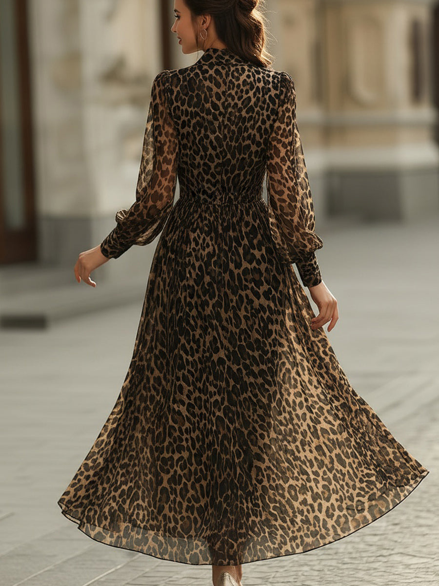 Robe midi portefeuille à imprimé léopard et manches longues