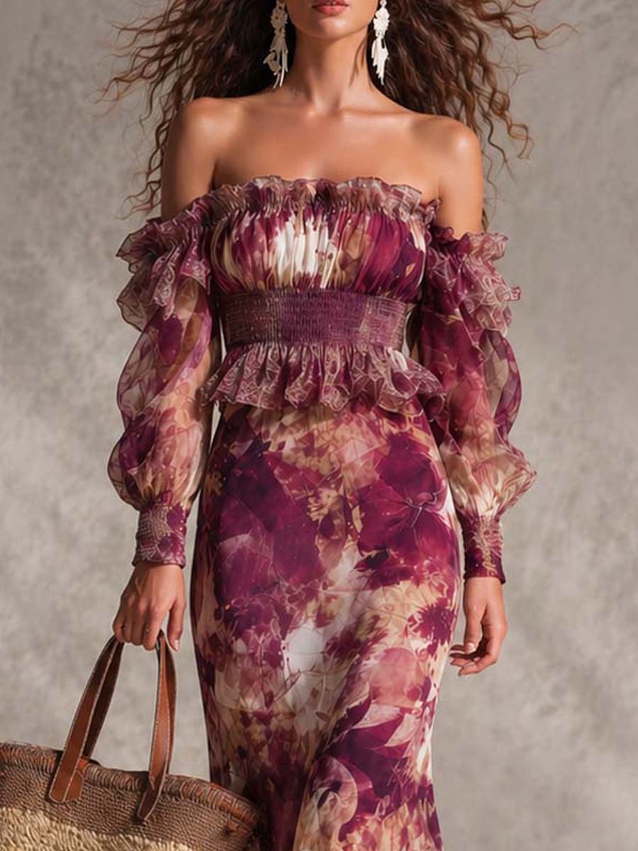 Robe Maxi en Mousseline Rose Épaules Dénudées à Fleurs