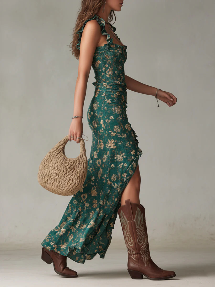 Robe Maxi Bohème Verte à Imprimé avec Manches Volantées