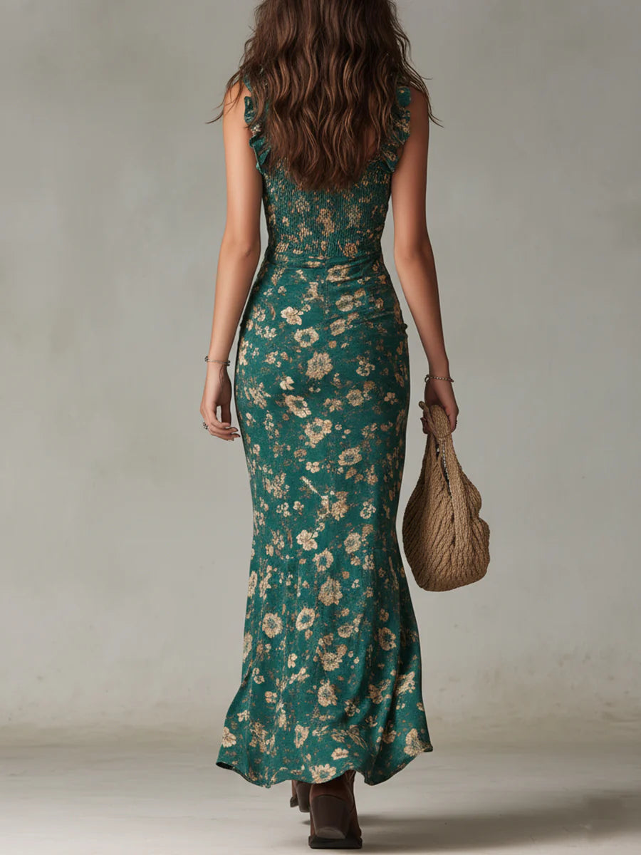 Robe Maxi Bohème Verte à Imprimé avec Manches Volantées