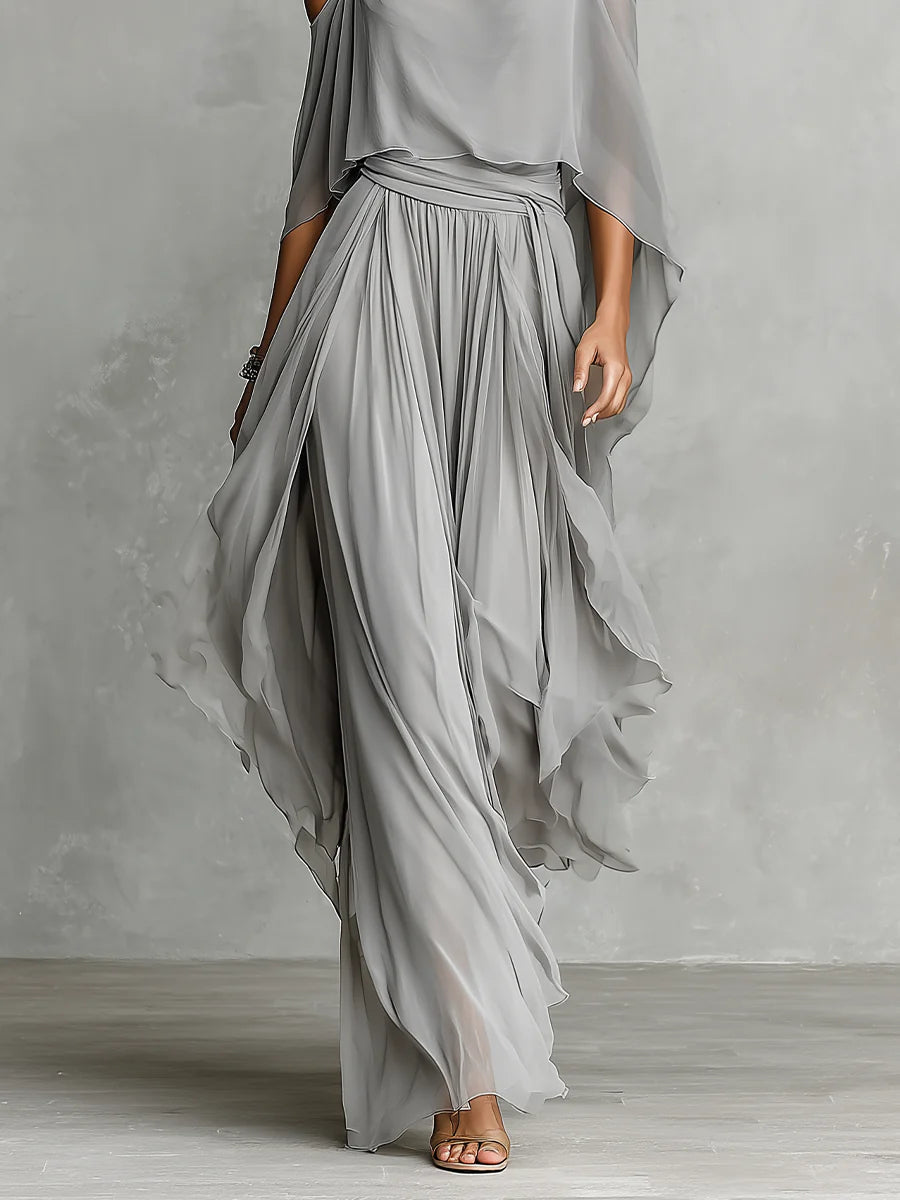 Ensemble en Mousseline Grise Épaules Dénudées : Camisole Fluide et Pantalon