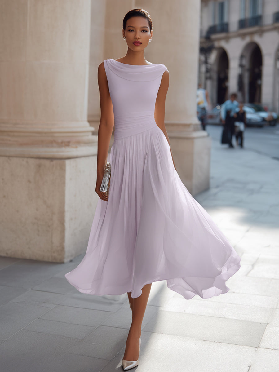 Robe midi plissée sans manches à col drapé