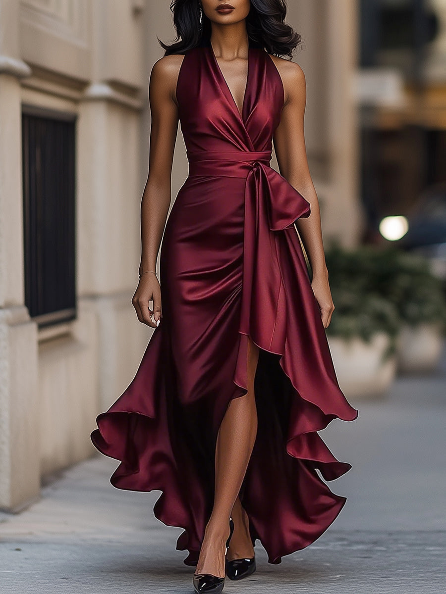 Robe dos nu en satin Midnight Elegance à volants