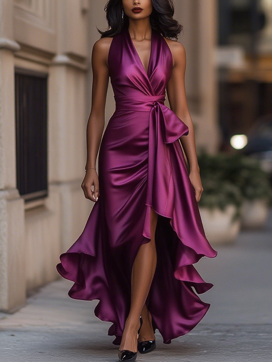 Robe dos nu en satin Midnight Elegance à volants