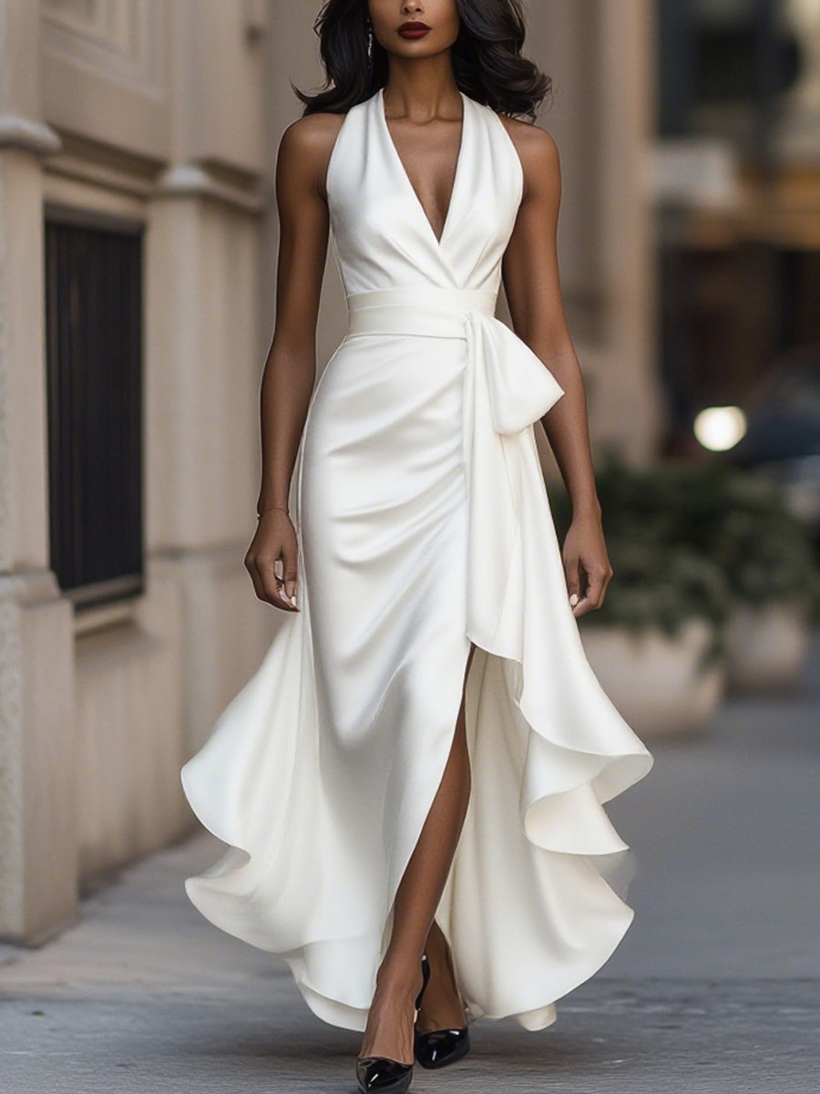 Robe dos nu en satin Midnight Elegance à volants