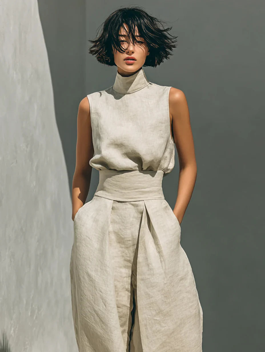 Flor| Ensemble Minimaliste Composé d'un Chemisier Sans Manches et d'un Pantalon Large en Coton et lin Pour Femme