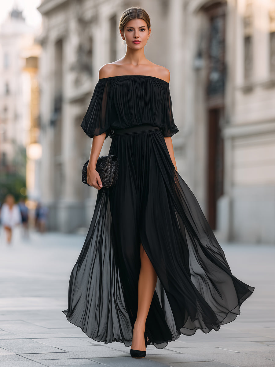 Robe longue plissée en mousseline à épaules dénudées