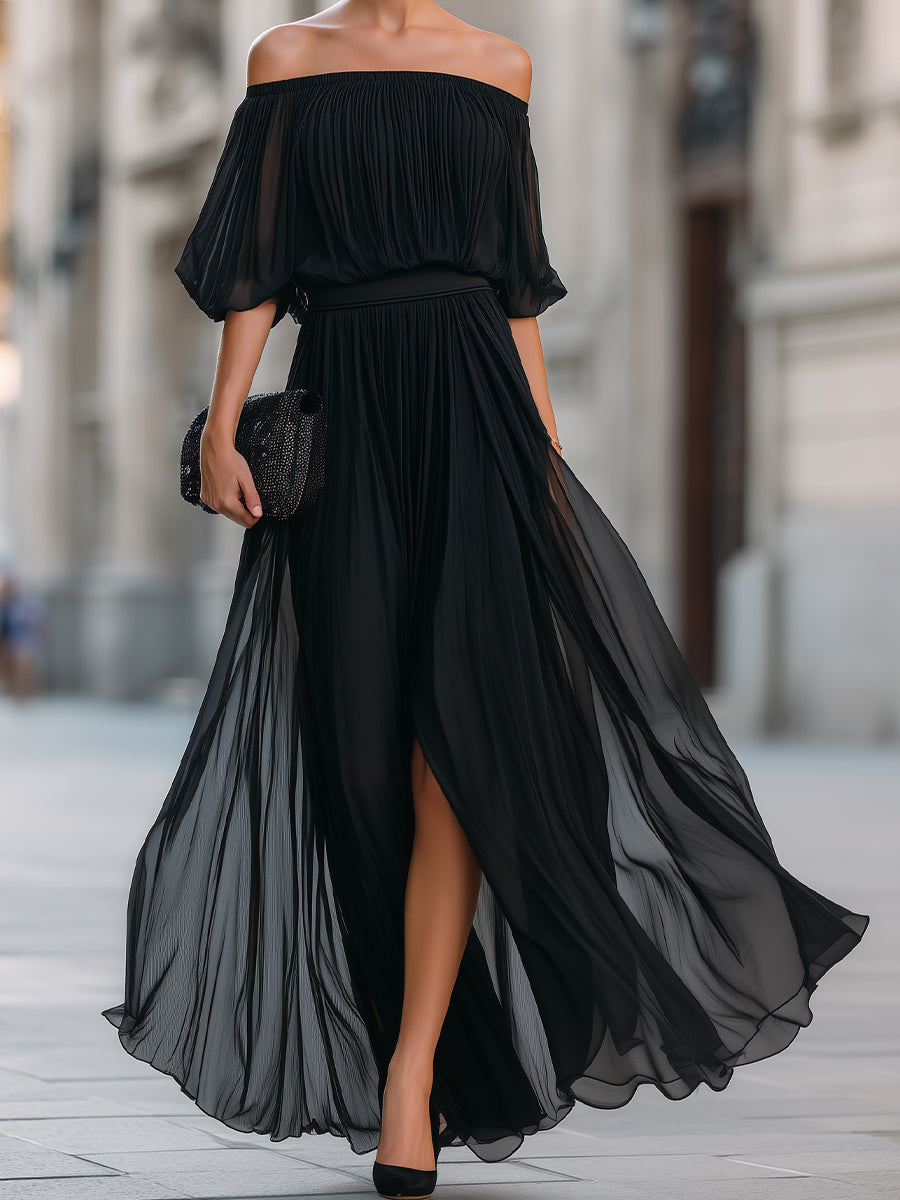 Robe longue plissée en mousseline à épaules dénudées
