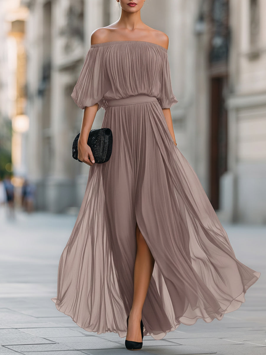 Robe longue plissée en mousseline à épaules dénudées