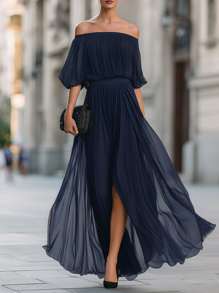 Robe longue plissée en mousseline à épaules dénudées