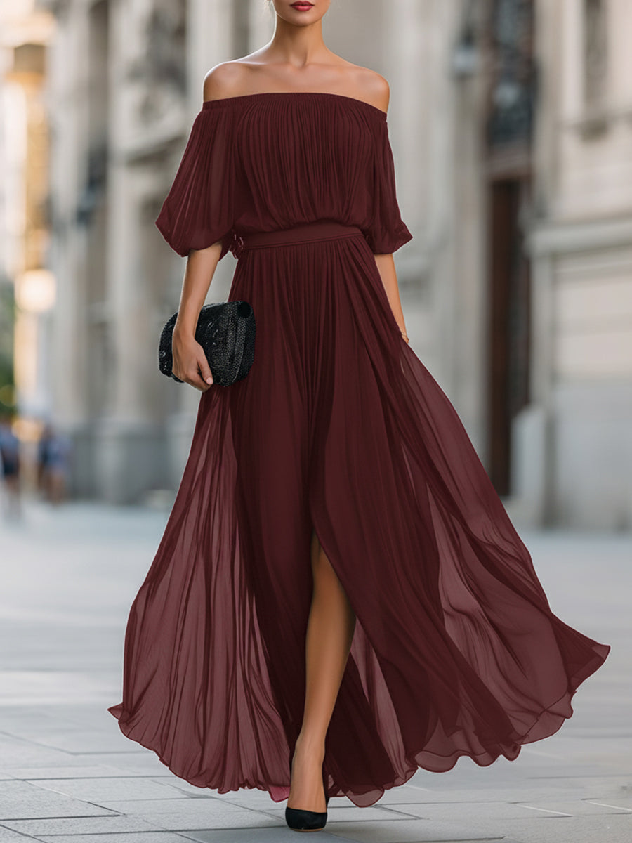 Robe longue plissée en mousseline à épaules dénudées