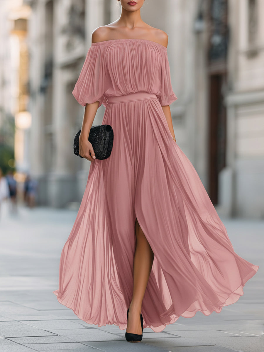 Robe longue plissée en mousseline à épaules dénudées
