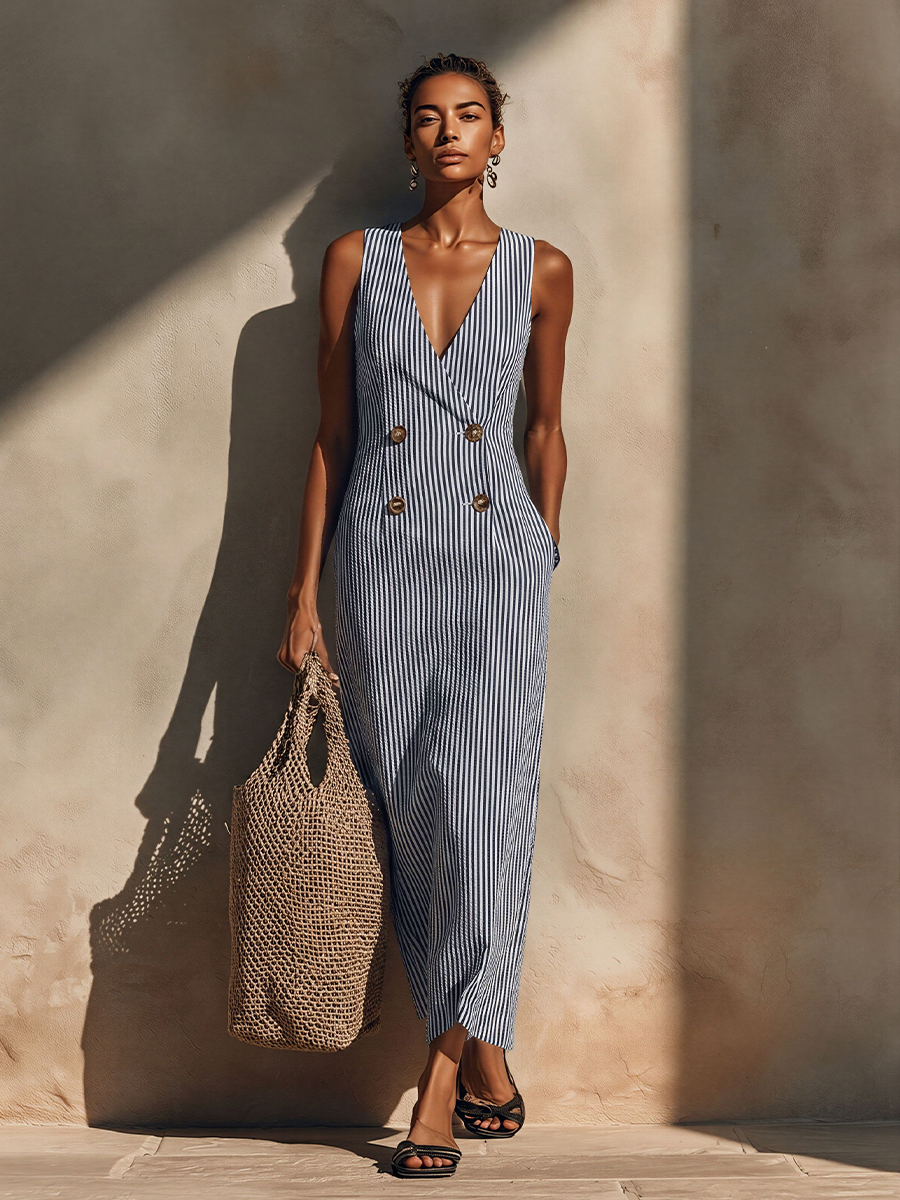 Robe Maxi Rayée Bleu-Blanc en Mélange de Coton, Style Blazer & Double Boutonnage, Look Nautique Intemporel