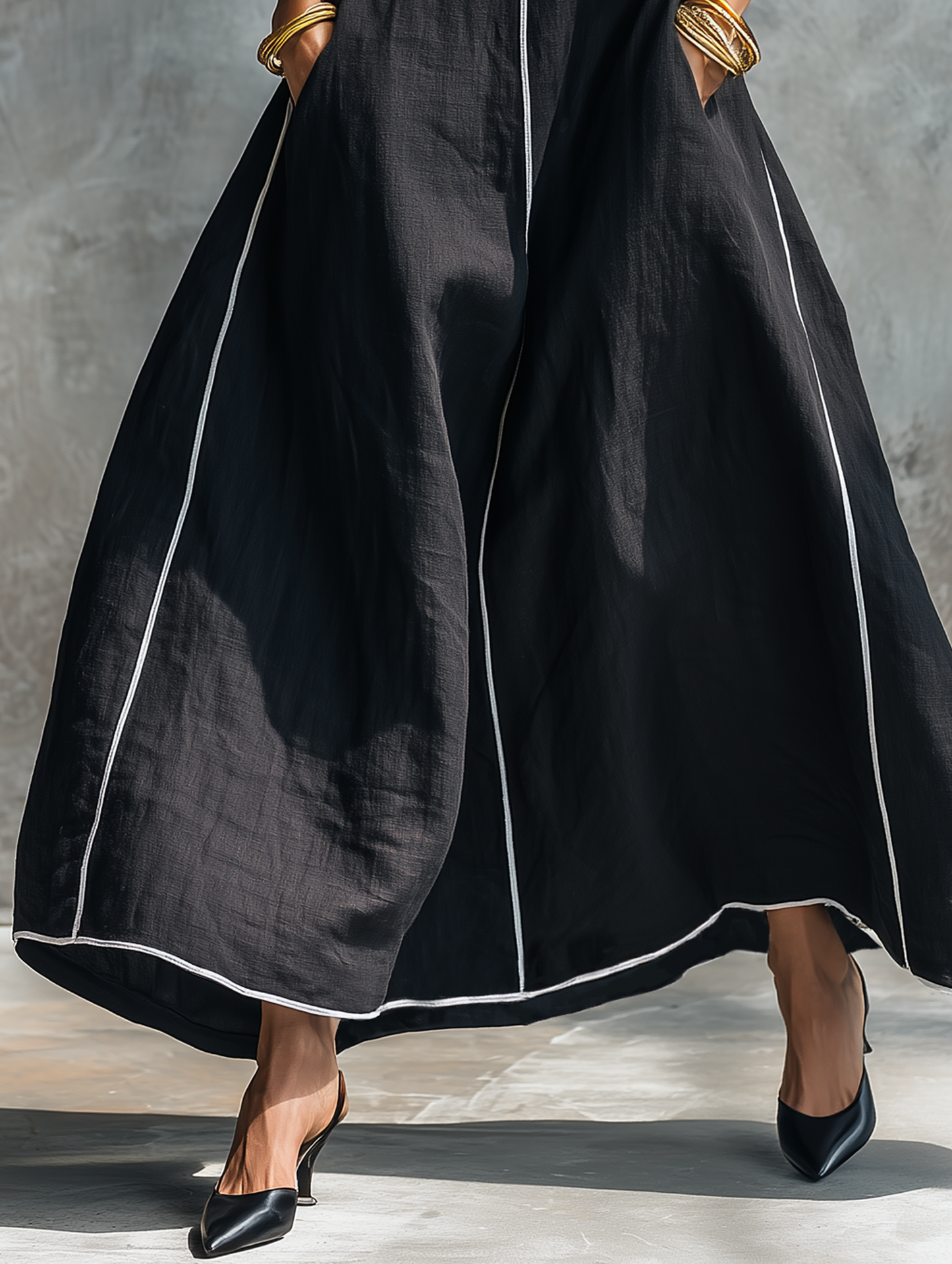 Robe Maxi Sans Manches en Lin Mélangé Minimaliste avec Liseré Contrastant et Col Rond Femme MDZ1516E0Y