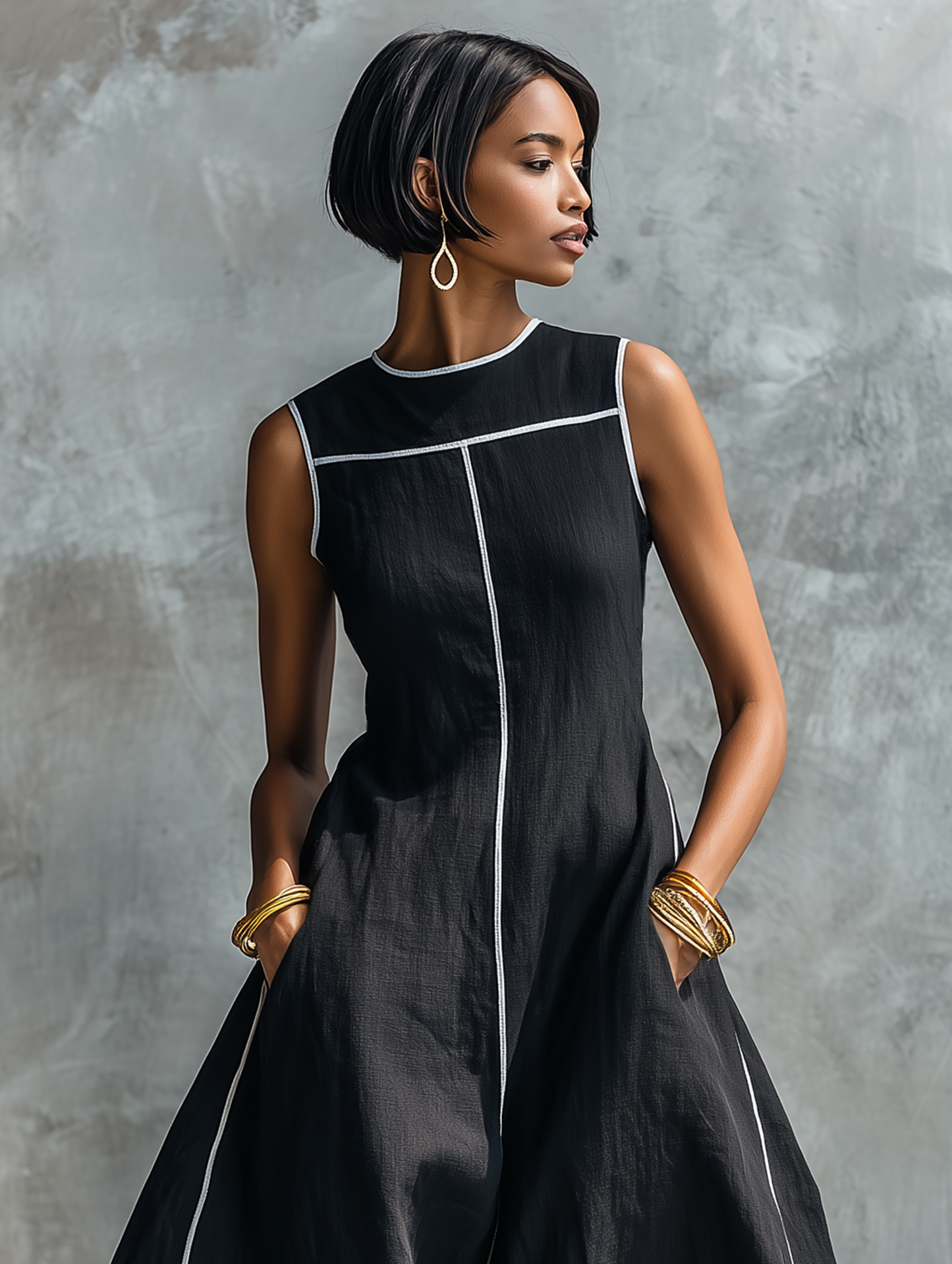 Robe Maxi Sans Manches en Lin Mélangé Minimaliste avec Liseré Contrastant et Col Rond Femme MDZ1516E0Y