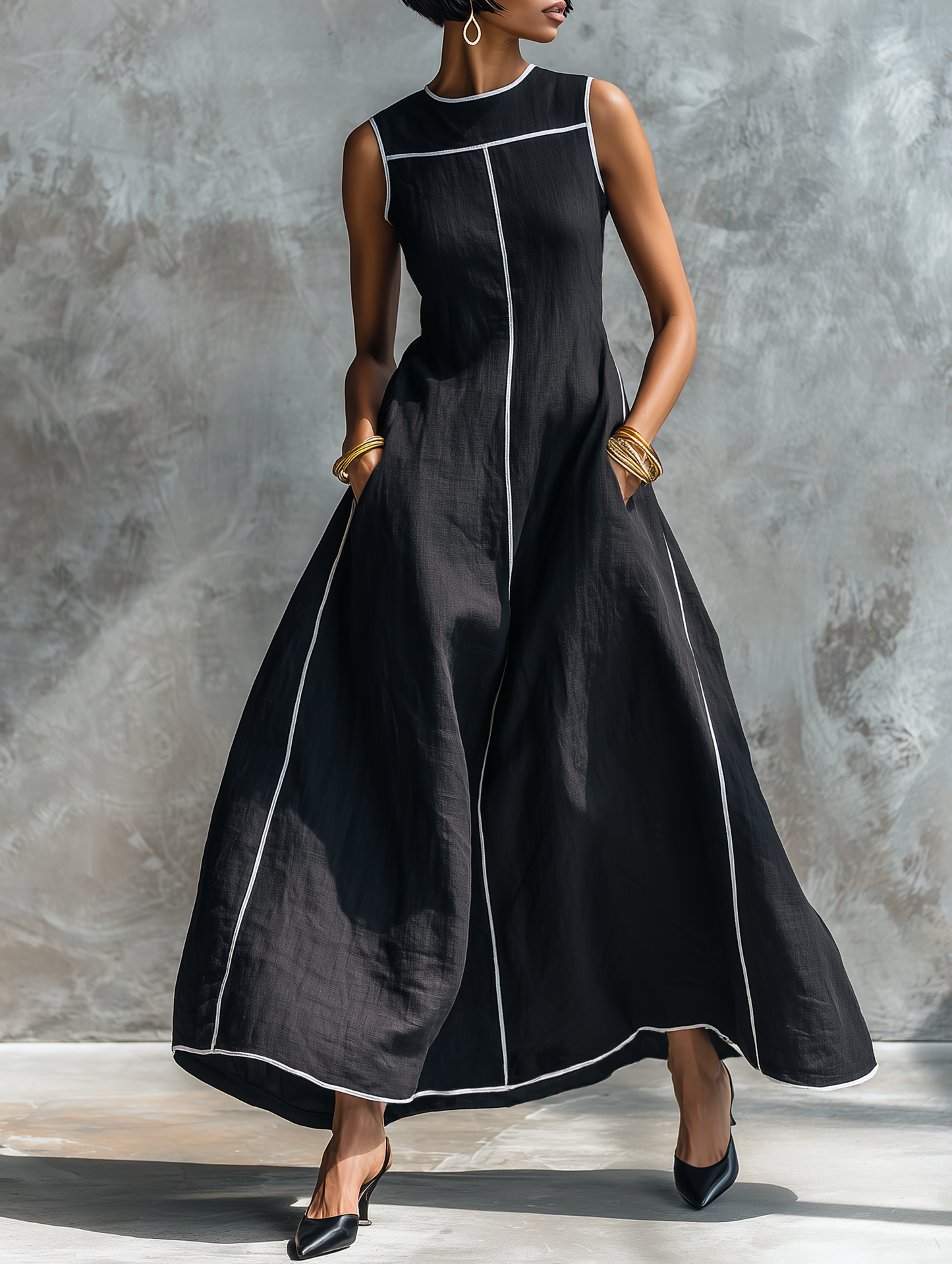 Robe Maxi Sans Manches en Lin Mélangé Minimaliste avec Liseré Contrastant et Col Rond Femme MDZ1516E0Y
