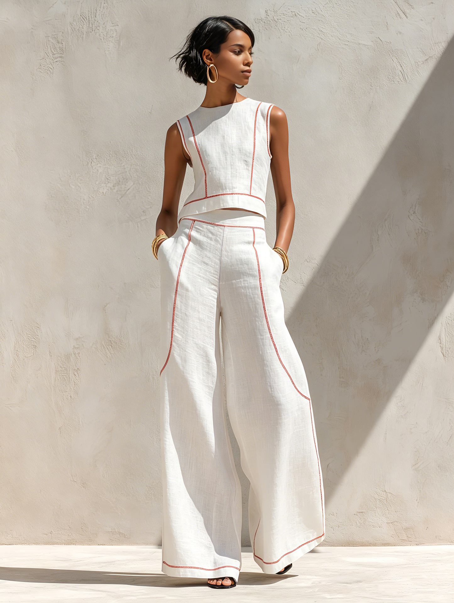 Ensemble Blouse et Pantalon Large en Lin Mélangé Minimaliste avec Coutures Contrastantes Femme MDZ1599E9Y