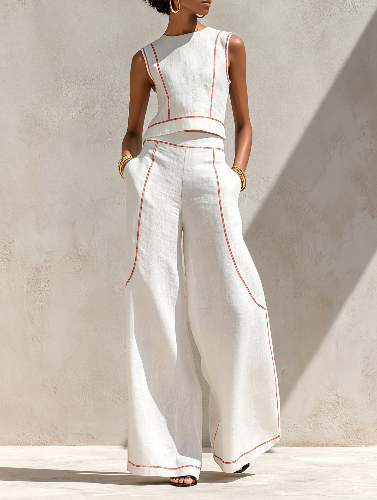 Ensemble Blouse et Pantalon Large en Lin Mélangé Minimaliste avec Coutures Contrastantes Femme MDZ1599E9Y
