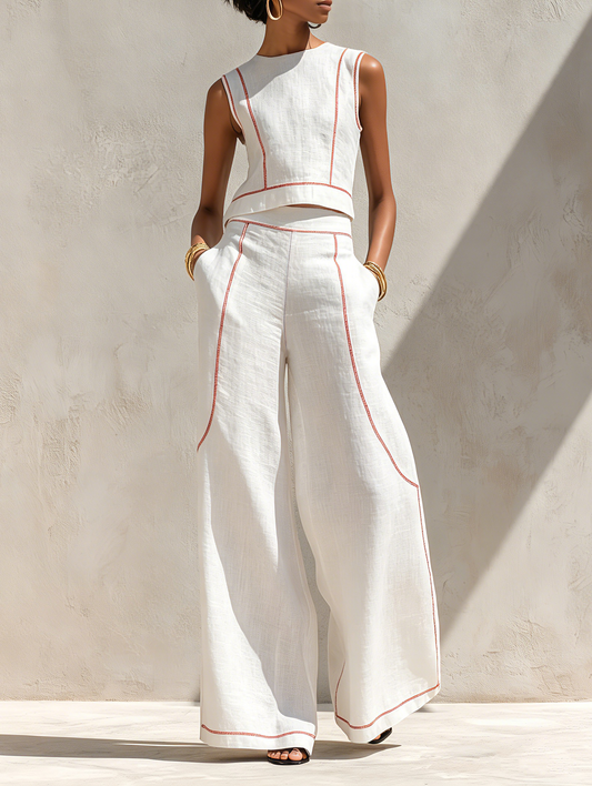 Ensemble Blouse et Pantalon Large en Mélangé Minimaliste avec Coutures Contrastantes Femme