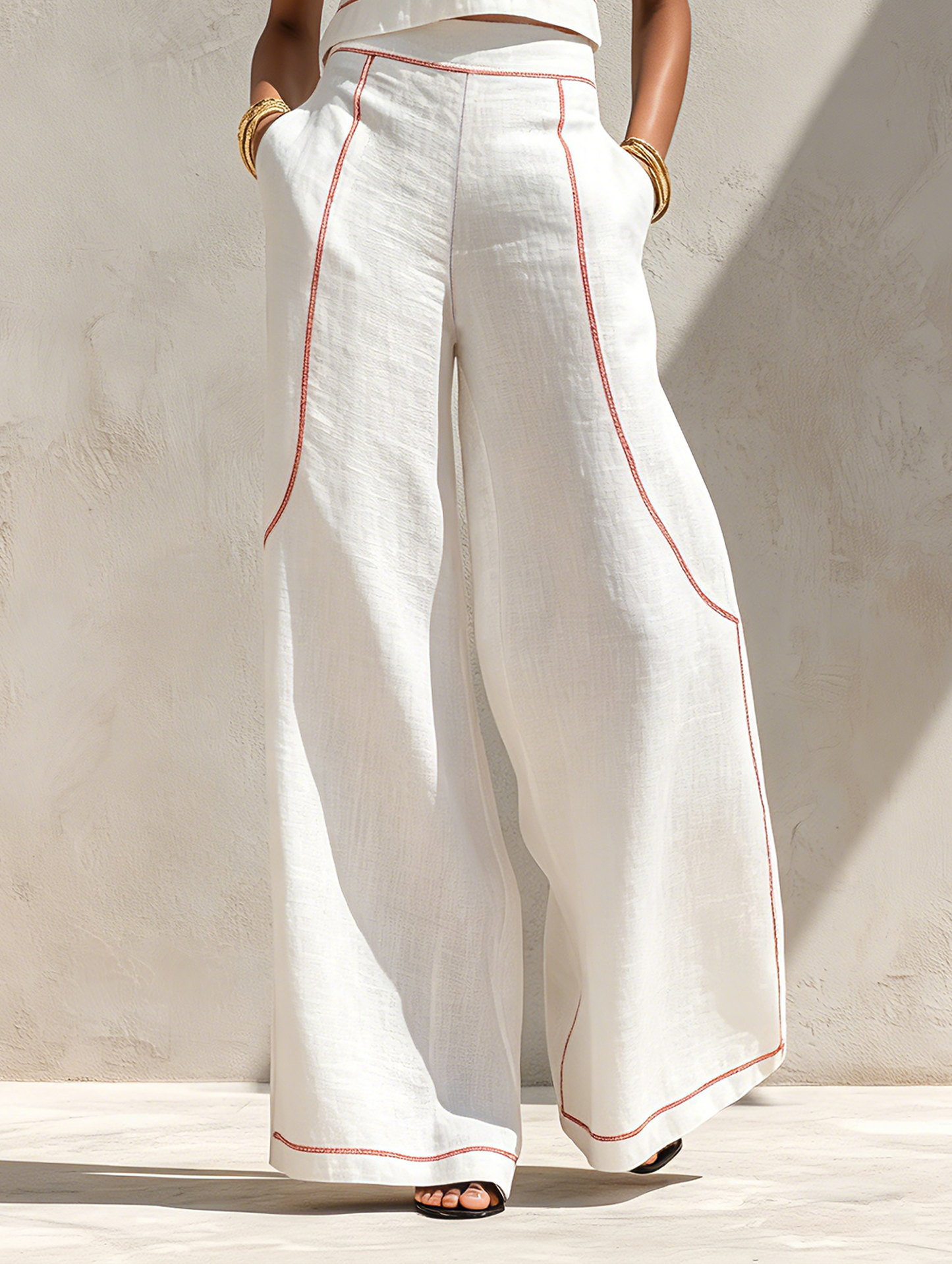 Ensemble Blouse et Pantalon Large en Lin Mélangé Minimaliste avec Coutures Contrastantes Femme MDZ1599E9Y