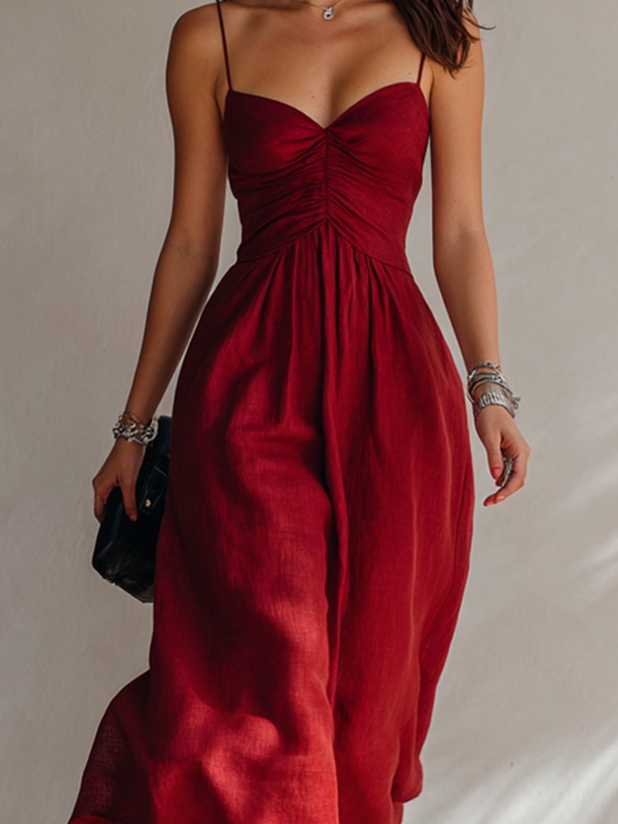 Robe Midi Femme Mélangé Minimaliste Froncée à Bretelles Spaghetti