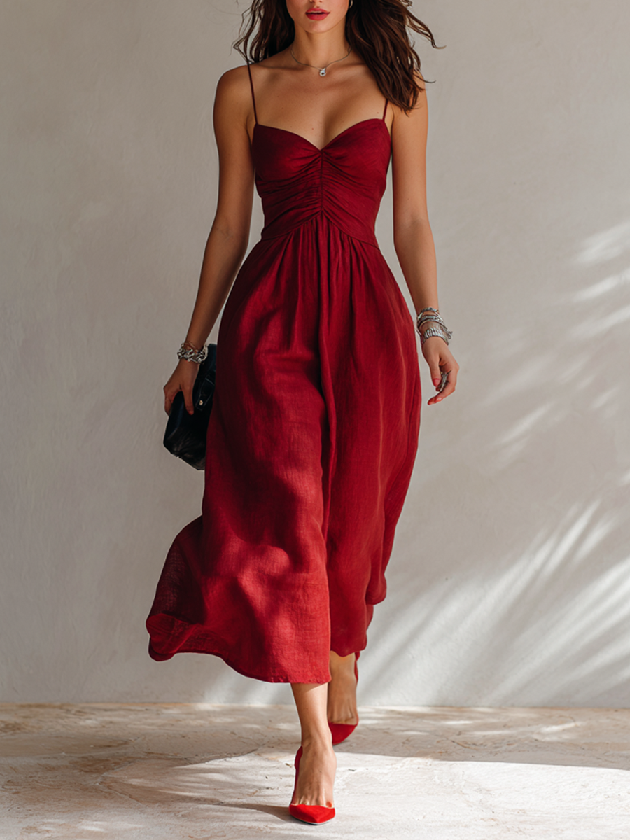 Robe Midi Femme Mélangé Minimaliste Froncée à Bretelles Spaghetti