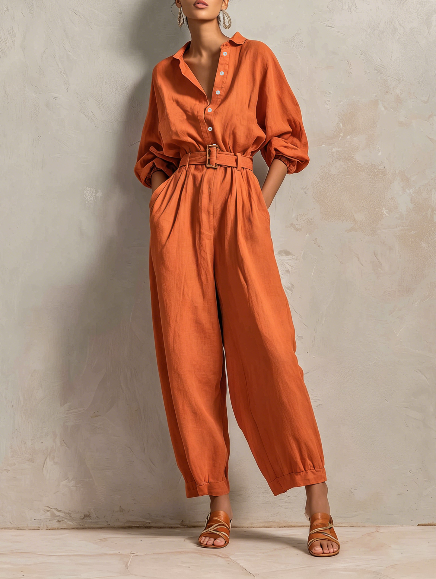 Combinaison Femme Minimaliste avec Ceinture — Pantalon Large et Manches Mi-Longues