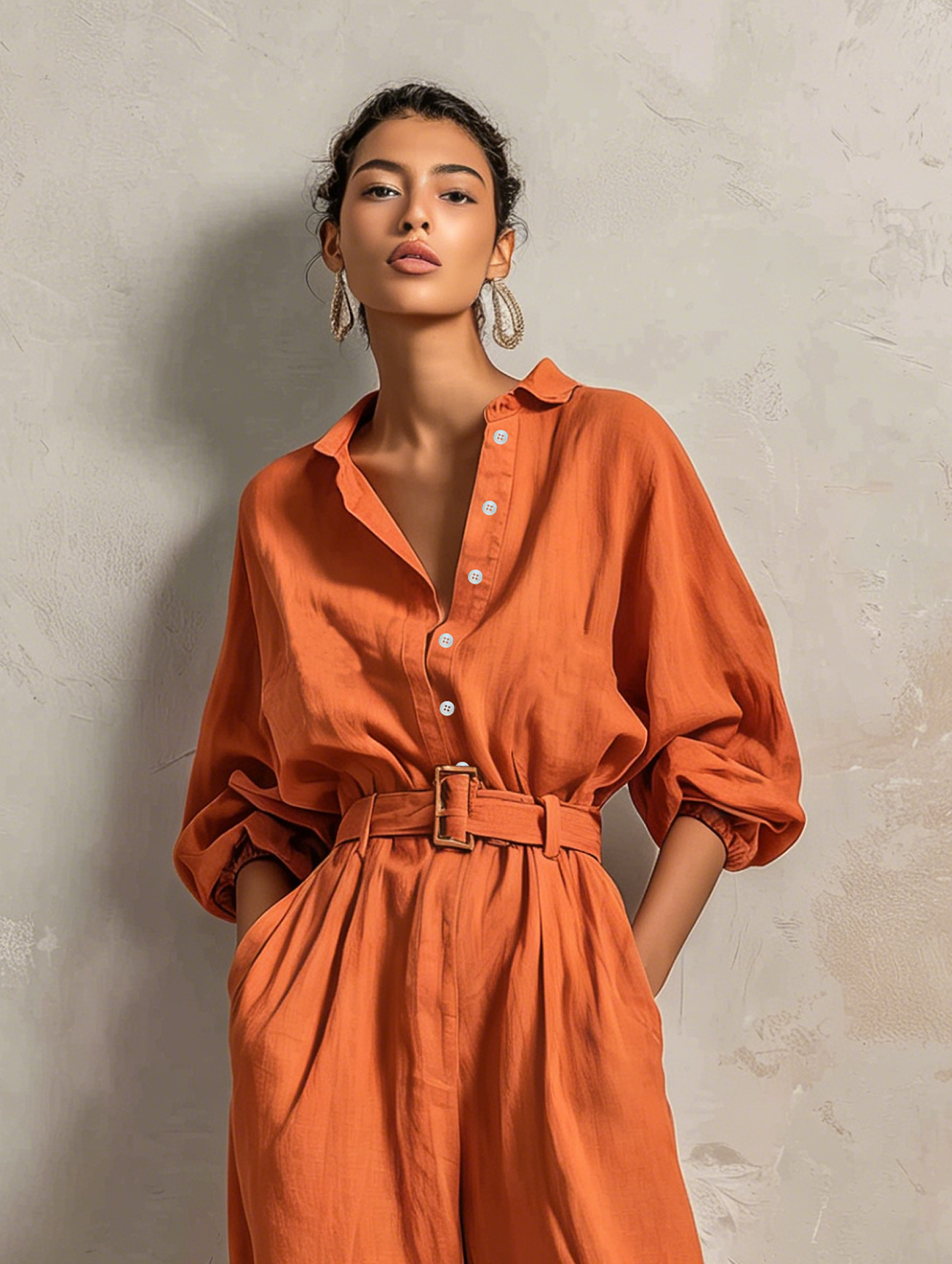 Combinaison Femme Minimaliste avec Ceinture — Pantalon Large et Manches Mi-Longues