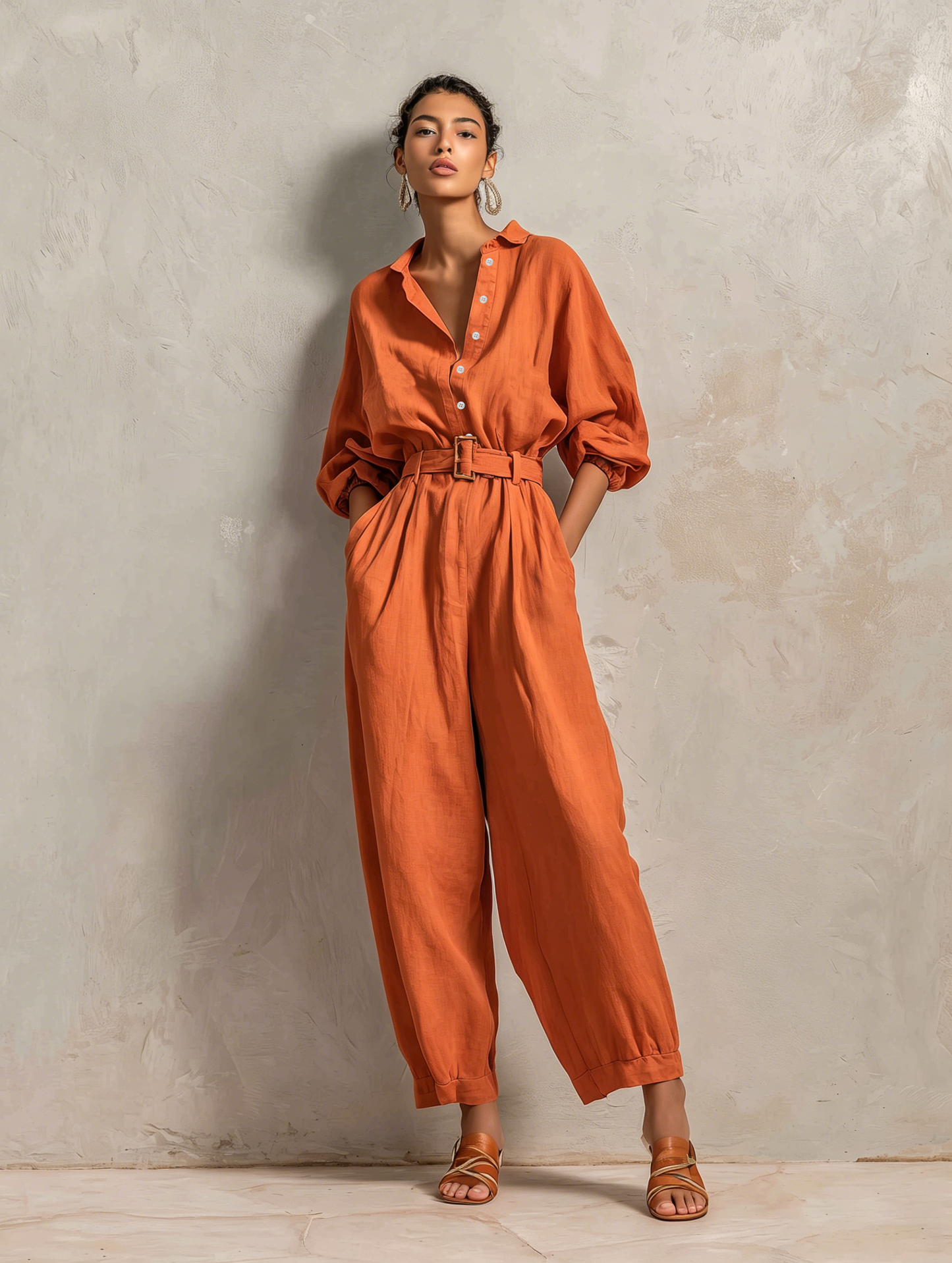Combinaison Femme Minimaliste avec Ceinture — Pantalon Large et Manches Mi-Longues